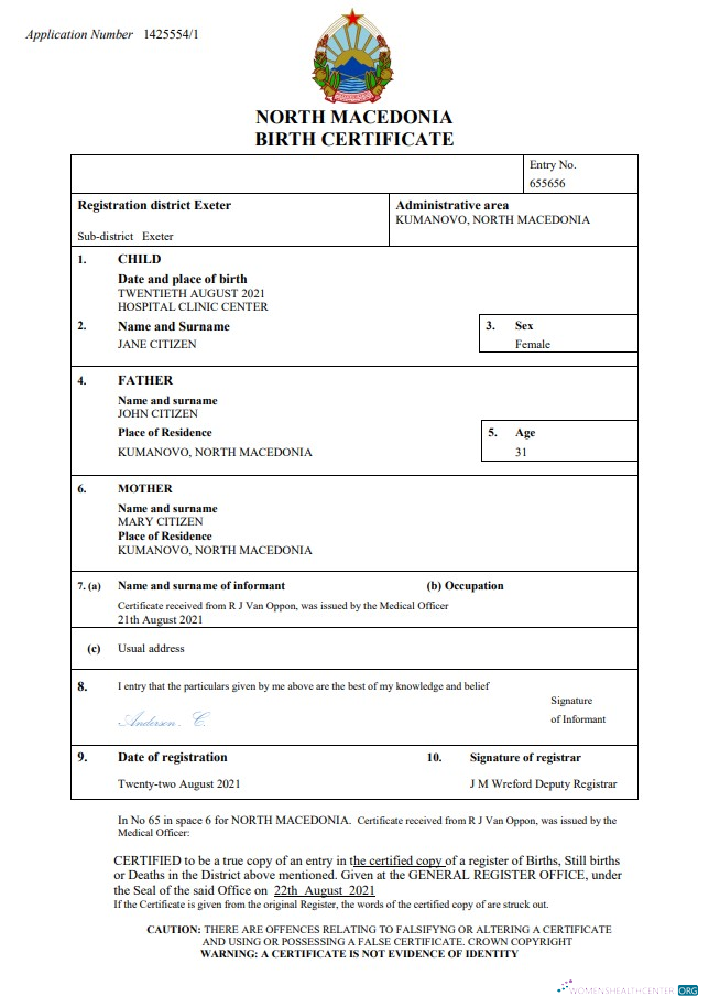 Download North Macedonia vital record birth certificate Word and PDF template Photoshop template